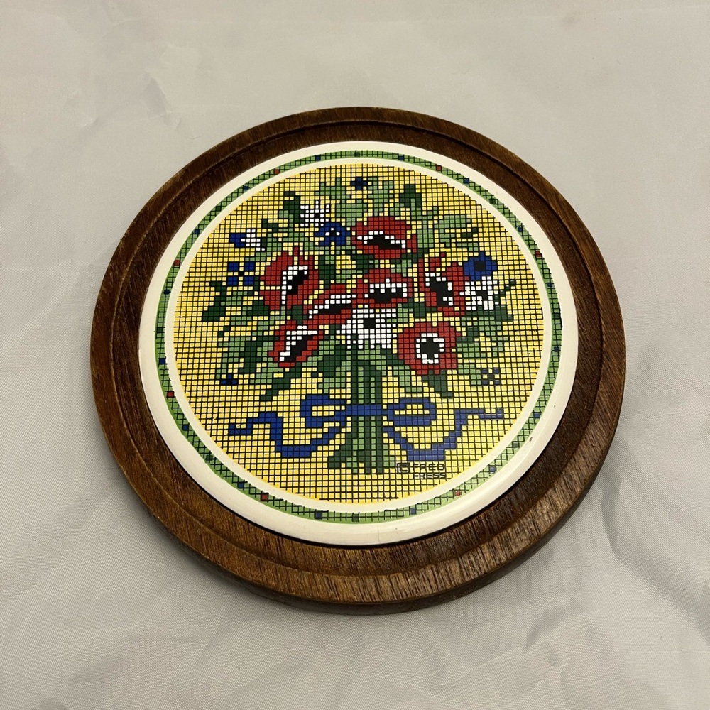 Trivet, MCM Fred Press Needlepoint Floral Design, Wood Base, Signed, Vintage EUC